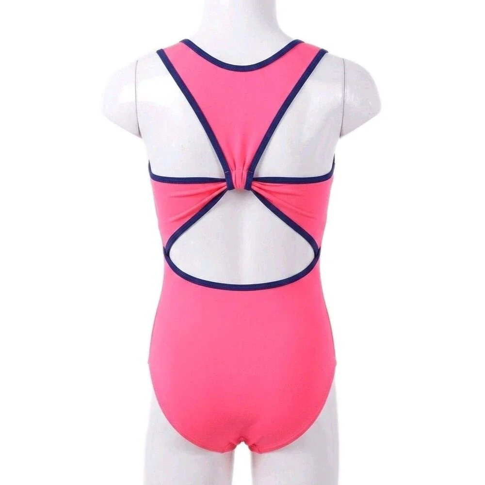 Aja Girls 90s Twisted Triangle Open Back Keyhole Leotard Neon Pink Size 12/14